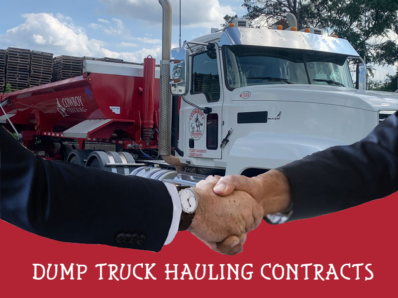 handshake superimposed on a truck image to illustrate dump truck hauling contracts