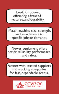 The four main points from the loaders and excavators article summarized as a takeaway.
