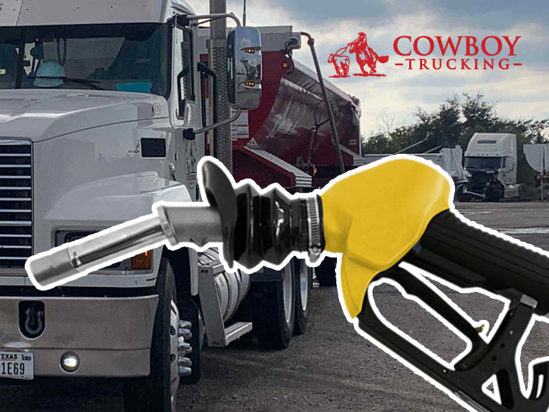 Cowboy Trucking's truck with superimposed fuel nozzle to illustrate how to mitigate fuel costs for haul trucking in Dallas