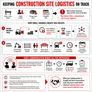 Chart showing the whole content of this article visually to illustrate keeping construction site logistics working well.